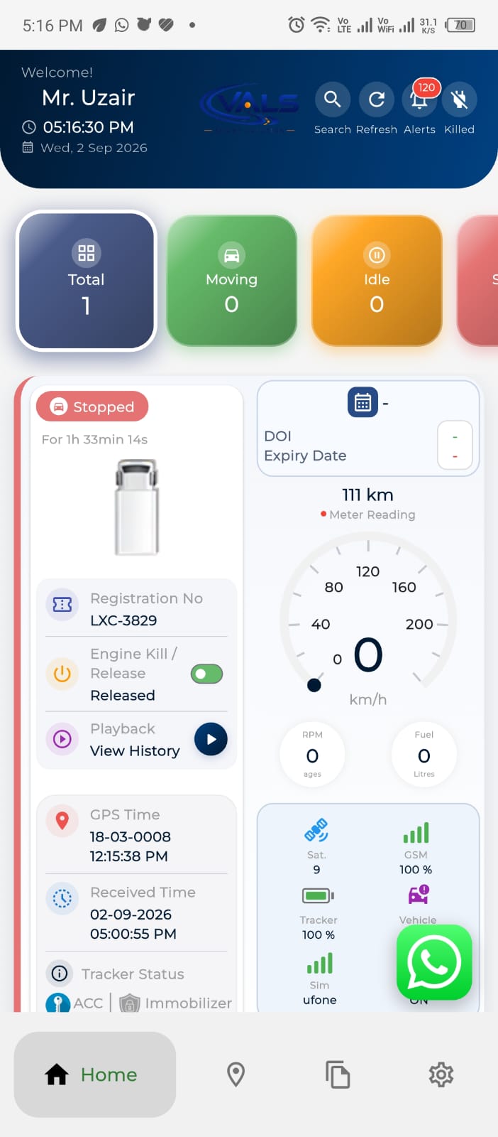 VALS mobile app dashboard screen
