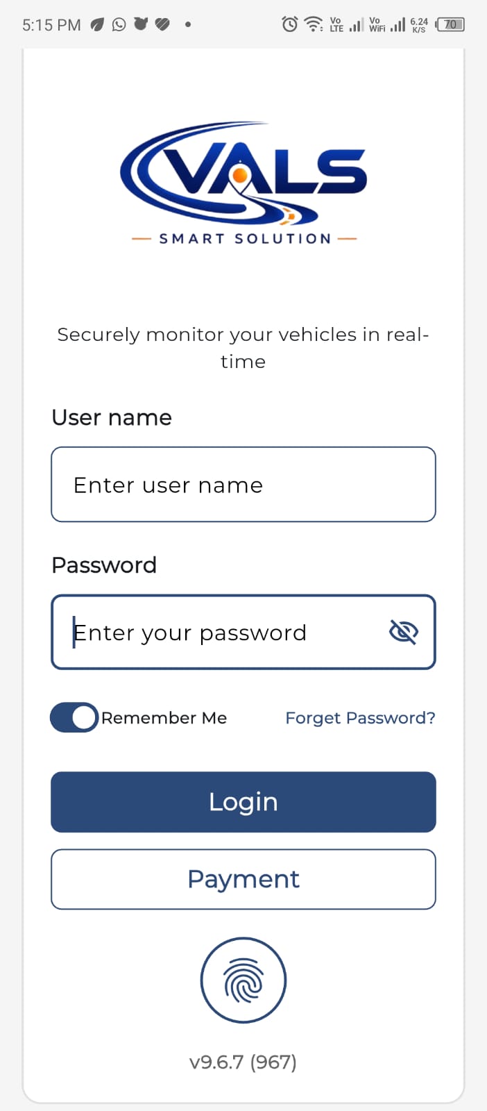 VALS mobile app login screen