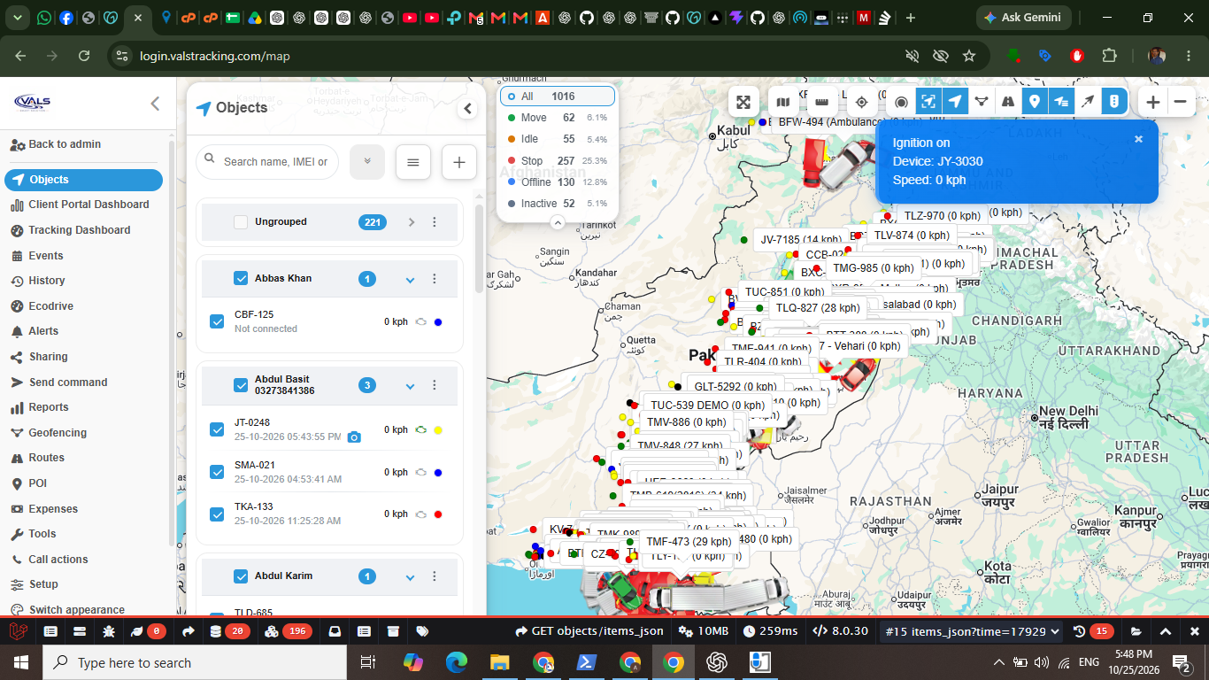 VALS GPS tracking administration dashboard